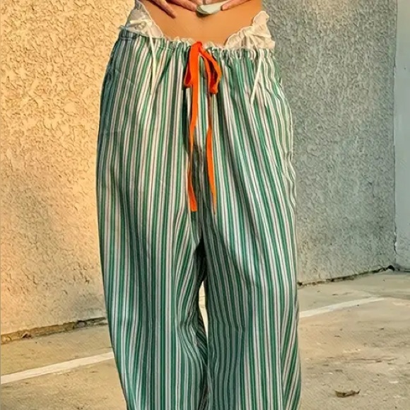 Striped Wide-Leg Drawstring Pants in Light Green - Picture 2 of 4